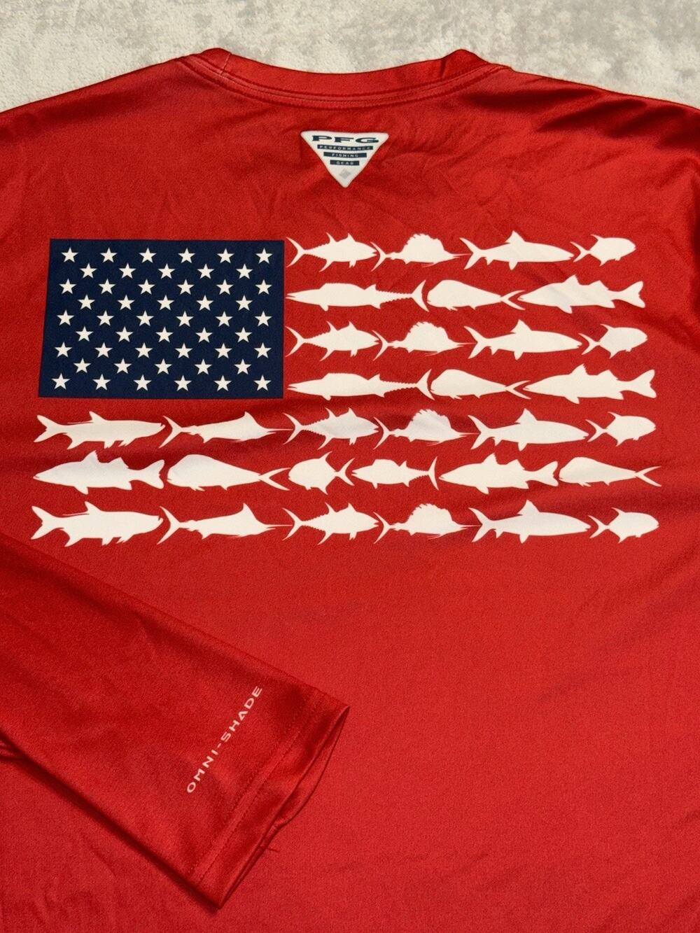 Columbia PFG Fishing Long Sleeve Red Shirt USA Flag Saltwater Ocean Beach UV